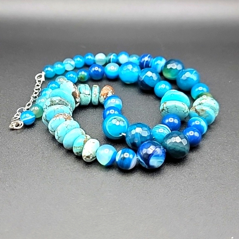 Untreated 495 Cts Natural Turquoise & Onyx Beaded Gemstone Necklace Unisex #1 - Picture 7 of 10